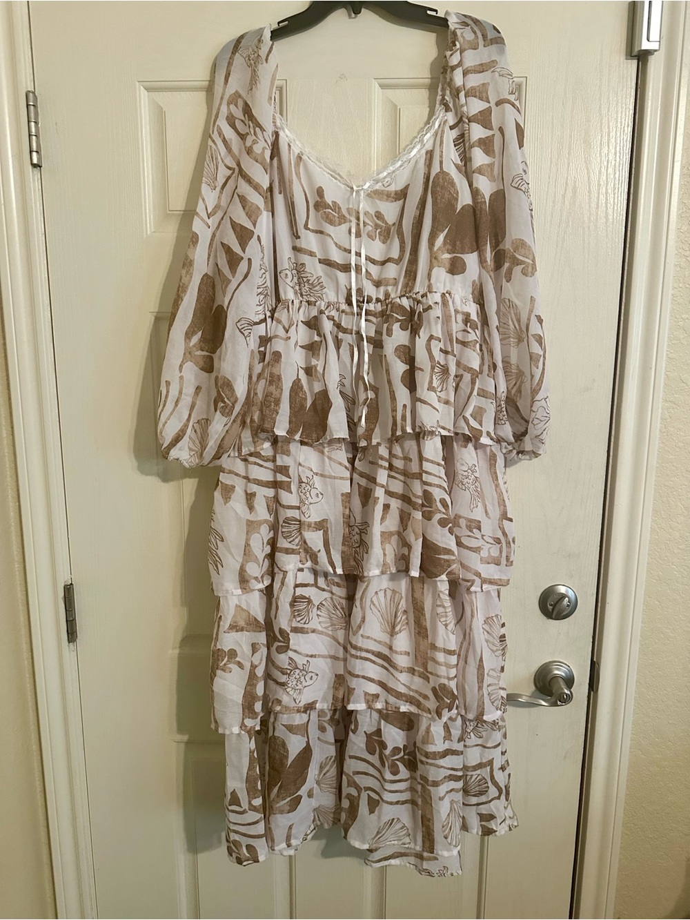 White and Brown Tiered Floral Maxi Dress with Long Sleeves
